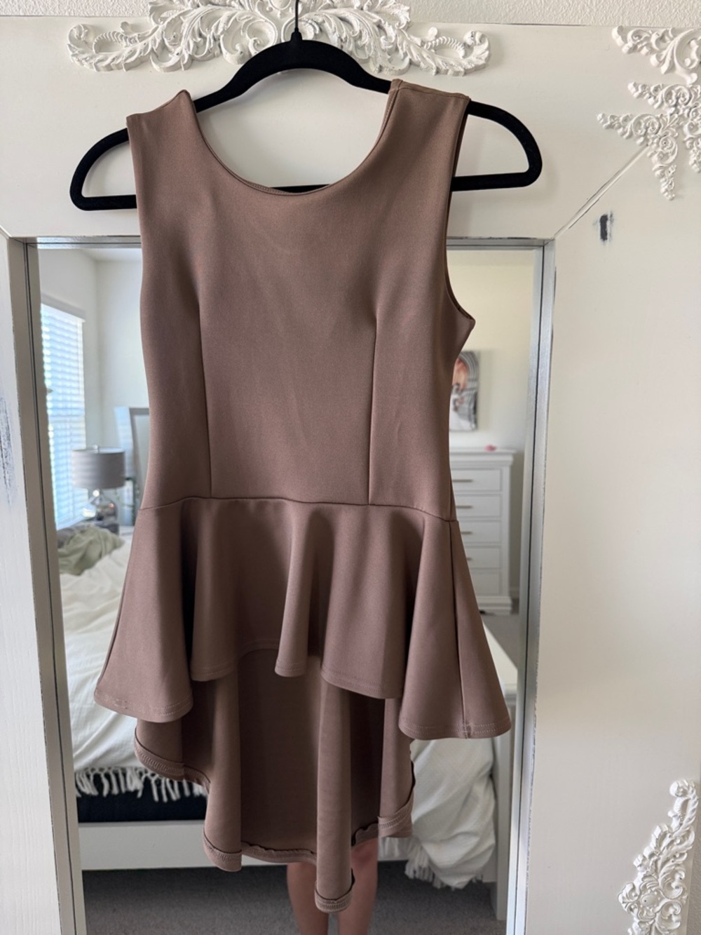 Sleeveless High-Low Peplum Dress Top in Taupe